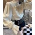 Internet celebrity's small fragrance style pearl nail bead bow slim fit and slimming socialite chiffon shirt top