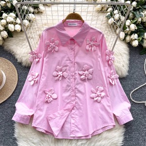 Korean retro light mature style Polo collar shirt for women in autumn with three-dimensional flowers, loose and slimming design, elegant and stylish top