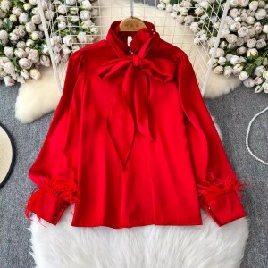 Temperament Professional Commuter Satin Top Long Sleeve Bow Shirt Small Shirt French Shirt Top Female