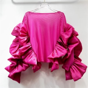 European and American retro style round neck ruffled loose long sleeved shirt for women with a trendy and irregular top