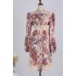 Real shooting spot Australian niche design cotton linen print with lace and lace lace up collar, waist cinching lantern sleeve dress