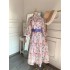 2023 spring niche lantern sleeve blue button butterfly print waist cinching fairy dress vacation long dress