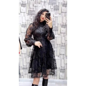 Australian niche lantern long sleeved stand up collar waist slimming water-soluble hook flower hollow out single breasted A-line lace dress