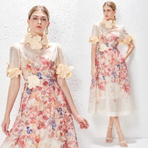 Real shooting of high-end Australian niche dresses in stock, three-dimensional flower positioning printing, vacation style lace up mid length skirts for women