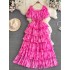 French gentle style short sleeved square neck waist cinching slimming A-line ruffled cake print dress elegant long skirt