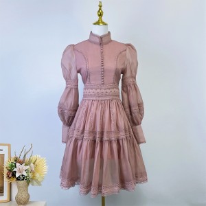 Real time spot new product 2024 French elegant lace splicing single breasted waist cinched lantern sleeve large swing dress