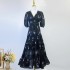 Real time spot Australian niche autumn new item with bubble sleeves, pleated print, high waist V-neck dress, mid length skirt