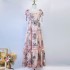 Real shooting spot Australian design printed camisole vacation style dress with lace up high waist and large swing cotton and linen skirt