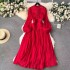 High end dress for women in early spring 2024, new style with a stand up collar, heart mechanism, pleated waist, long style, bubble sleeve dress