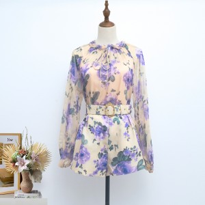 Real time spot spring and summer new item three-dimensional lace chiffon loose wisteria flower top shirt shorts with belt set