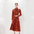 Real time spot new spring and autumn red leopard print dress with pockets, long sleeves, waistband, waist cinching temperament, mid length skirt for women