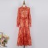 Real shot spot 2-color vacation style European and American fashion dress with lapel lantern sleeves, single breasted long sleeved lace up long skirt