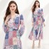 Real shot spot design feeling French retro one-piece dress with printed positioning, lace up, waist cinching, large swing wrap skirt