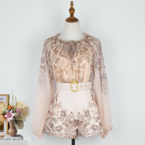 Real shooting spot Australian cashew nut pattern printed lace up chiffon shirt top+shorts two-piece set with belt