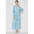 Real shot spot Van Gogh's starry sky V-neck diamond button chiffon dress with ruffled edges, vacation style long skirt, blue dress