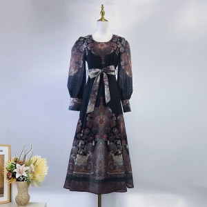 Autumn Australian new elegant socialite temperament lantern cuff zipper retro printed mid length dress