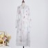 Real shooting spot French temperament white printed patchwork lace heavy button V-neck dress long skirt big swing for women