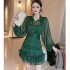 Retro court socialite temperament standing collar lantern long sleeved waist cinching slimming A-line pleated ruffle edge cake dress