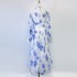 Real time spot niche retro elegant printed single breasted high-end cotton and linen dress with women's lace up lantern sleeves long skirt