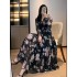 Original style customized retro printed pleated V-neck bubble sleeve waist cinched A-line large swing long skirt dress with belt