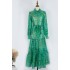 Real shot spot 2-color vacation style European and American fashion dress with lapel lantern sleeves, single breasted long sleeved lace up long skirt