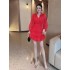 Retro court socialite temperament standing collar lantern long sleeved waist cinching slimming A-line pleated ruffle edge cake dress