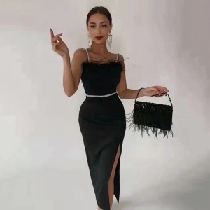 European and American foreign trade women's clothing sexy socialite temperament suspender feather slit mid length bandage dress with diamond inlay dress