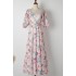 Real time shooting of spring and summer new items, pink flower print, vacation style temperament, bubble sleeves, waist cinching with belt, long skirt for women