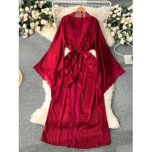 Queen's high-end temperament, mid to long length home sleepwear, nightgown, women's loose strap, waist cinched lace patchwork shawl jacket