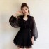 Retro court socialite temperament standing collar lantern long sleeved waist cinching slimming A-line pleated ruffle edge cake dress