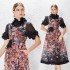 Real shooting of high-end Australian niche dresses in stock, three-dimensional flower positioning printing, vacation style lace up mid length skirts for women