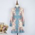 Real shot spot stand up collar single breasted exquisite button print vacation style dress temperament with waist cinching and waist belt short skirt