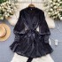 Wearing a high-end satin dress for women 2024 new spring outfit with French bubble sleeves and one-piece wrap around skirt