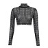 2023 European and American fashion high neck mesh nail bead long sleeved T-shirt with a feminine touch and exposed navel, spicy girl top short style