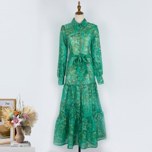 Real shot spot 2-color vacation style European and American fashion dress with lapel lantern sleeves, single breasted long sleeved lace up long skirt