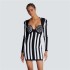 Cross border European and American new fashionable black and white striped long sleeved waist bandage dress with elegant party dress temperament