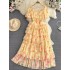 French gentle style short sleeved square neck waist cinching slimming A-line ruffled cake print dress elegant long skirt