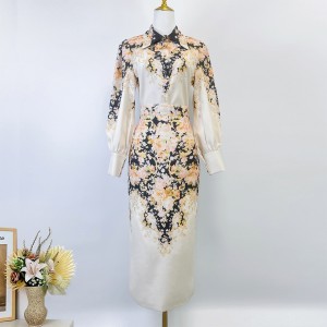 Real shot vintage elegant printed two-piece half skirt set with collar and single breasted shirt+half skirt in stock