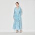 Real shot spot Van Gogh's starry sky V-neck diamond button chiffon dress with ruffled edges, vacation style long skirt, blue dress