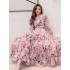 Original style customized retro printed pleated V-neck bubble sleeve waist cinched A-line large swing long skirt dress with belt