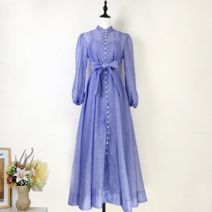 Real shooting spot 4-color luxury nail diamond lantern sleeve solid color Tencel hemp dress with suspender two-piece long skirt