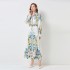 Real time spot long skirt retro printed long sleeved dress for women's early autumn new European station women's clothing with belt long skirt