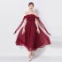 Real time shooting of celebrity's same style one neck lace up waist cinching big swing super fairy red printed strapless dress, long skirt