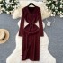 Han Fan's high-end V-neck single breasted cardigan knitted dress with a cinched waist for women, showing a slimming temperament, as well as a base long skirt for autumn