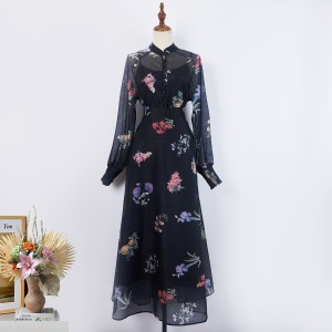 Real shot spot heavy industry design feeling stand collar single breasted flower top lantern sleeve shirt+half skirt three piece set