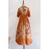 Real shot spot Australian orange flower print stand up collar elastic bubble sleeve dress long skirt lace up pocket skirt