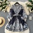 Spring new style French retro printed single breasted V-neck lantern sleeves with cinched waist, mid length, short dress trendy