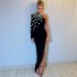 European and American niche design, one shoulder long sleeved bandage dress, light luxury rhinestone sexy slit party dress