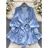 Wearing a high-end satin dress for women 2024 new spring outfit with French bubble sleeves and one-piece wrap around skirt