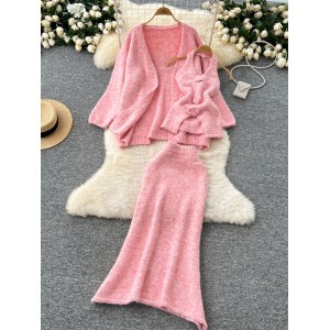 Gentle Ins atmosphere, spicy girl, rose flower hanging neck vest, women's long sleeved knitted cardigan jacket, half skirt